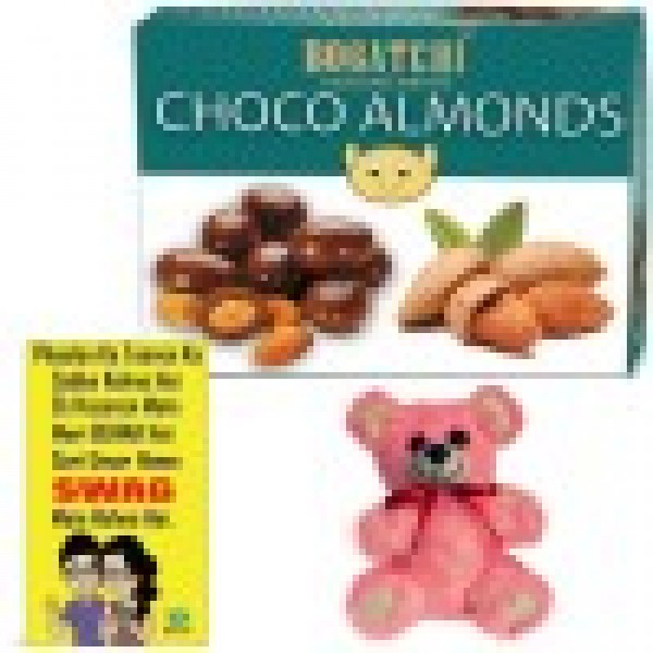 Complete Bhai Dooj Gift Hamper for Sister, Chocolate Coated Almonds, 100g + FREE Bhai Dooj Greeting Card + Free Teddy